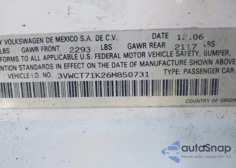 2006 Volkswagen Jetta Diesel из США, поврежденный, VIN 3VWCT71K26M850731